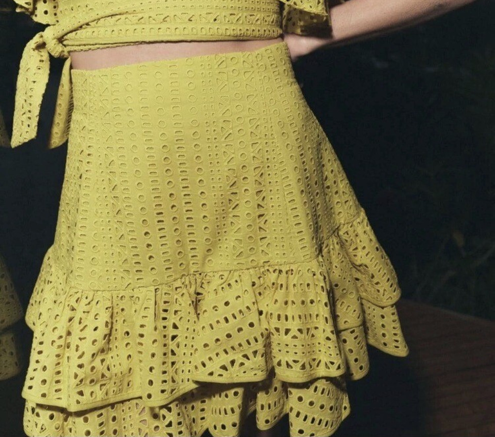 Zara Mini Skirt Eyelet Embroidered Mustard Yellow Ruffle Cotton Women's Medium
